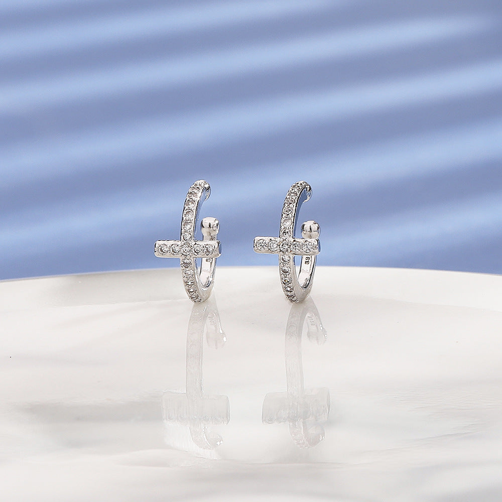 AZURE LEAF Diamond-Studded Cross Ear Cuffs